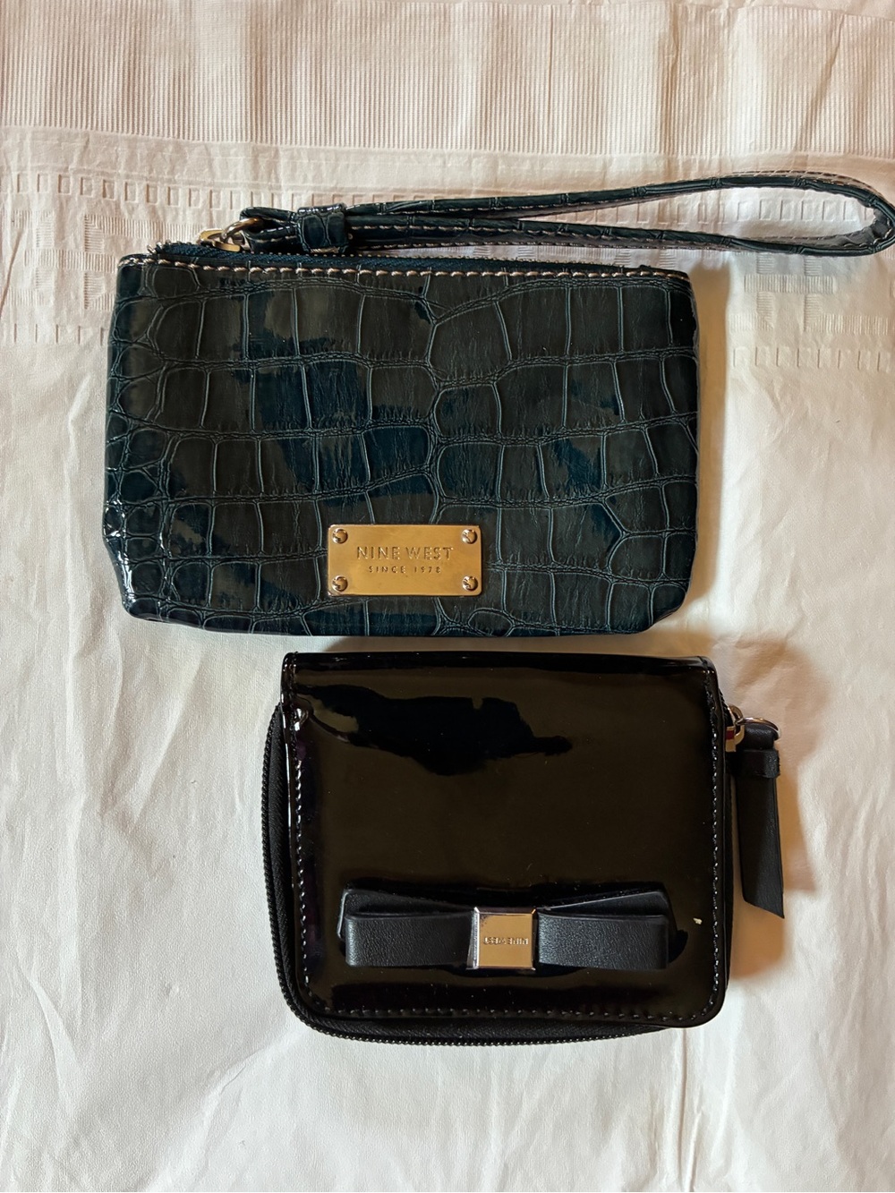 Nine West Set: Croc Embossed Teal Wristlet & Glossy Black Bow Wallet